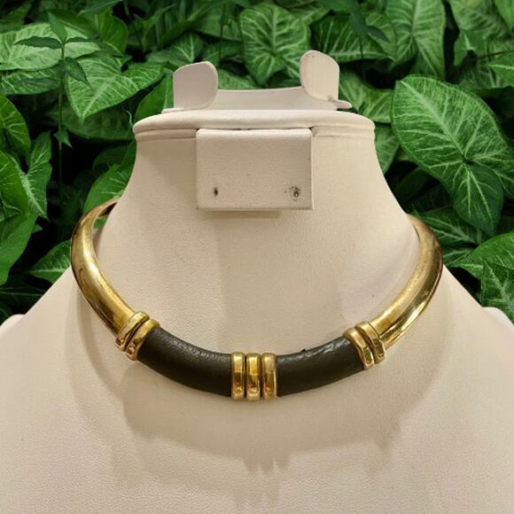None and/or Unknown Jewelry - Tribal Brass & Black Leather Collar Necklace